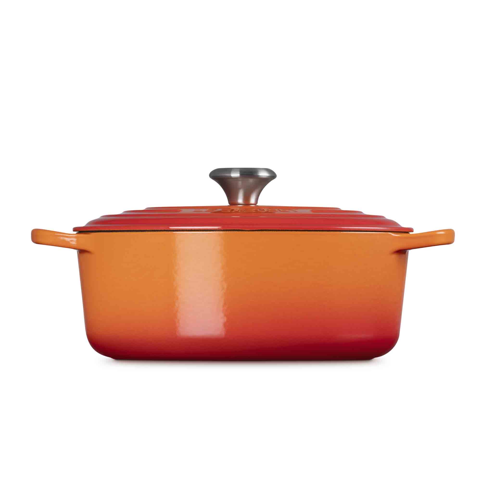 Le Creuset volcanic oval cast iron casserole with lid on white background