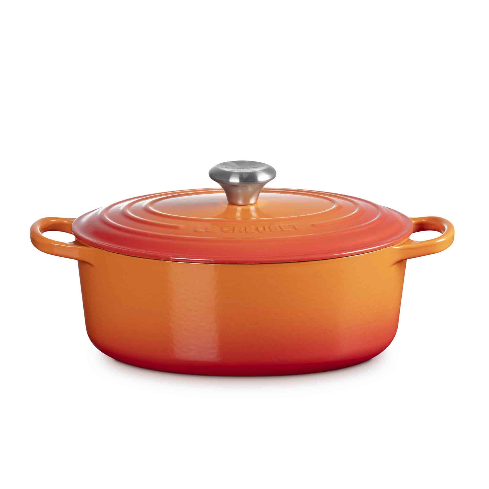 Le Creuset volcanic oval cast iron casserole with lid on white background