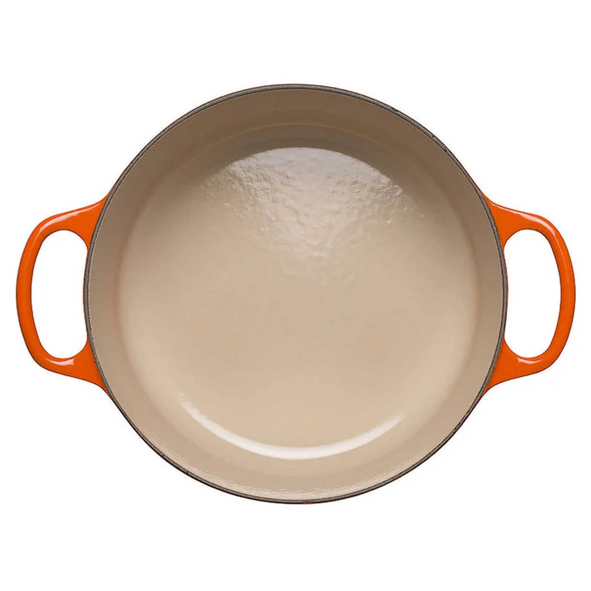 Beige cast iron skillet with orange handles on a white background