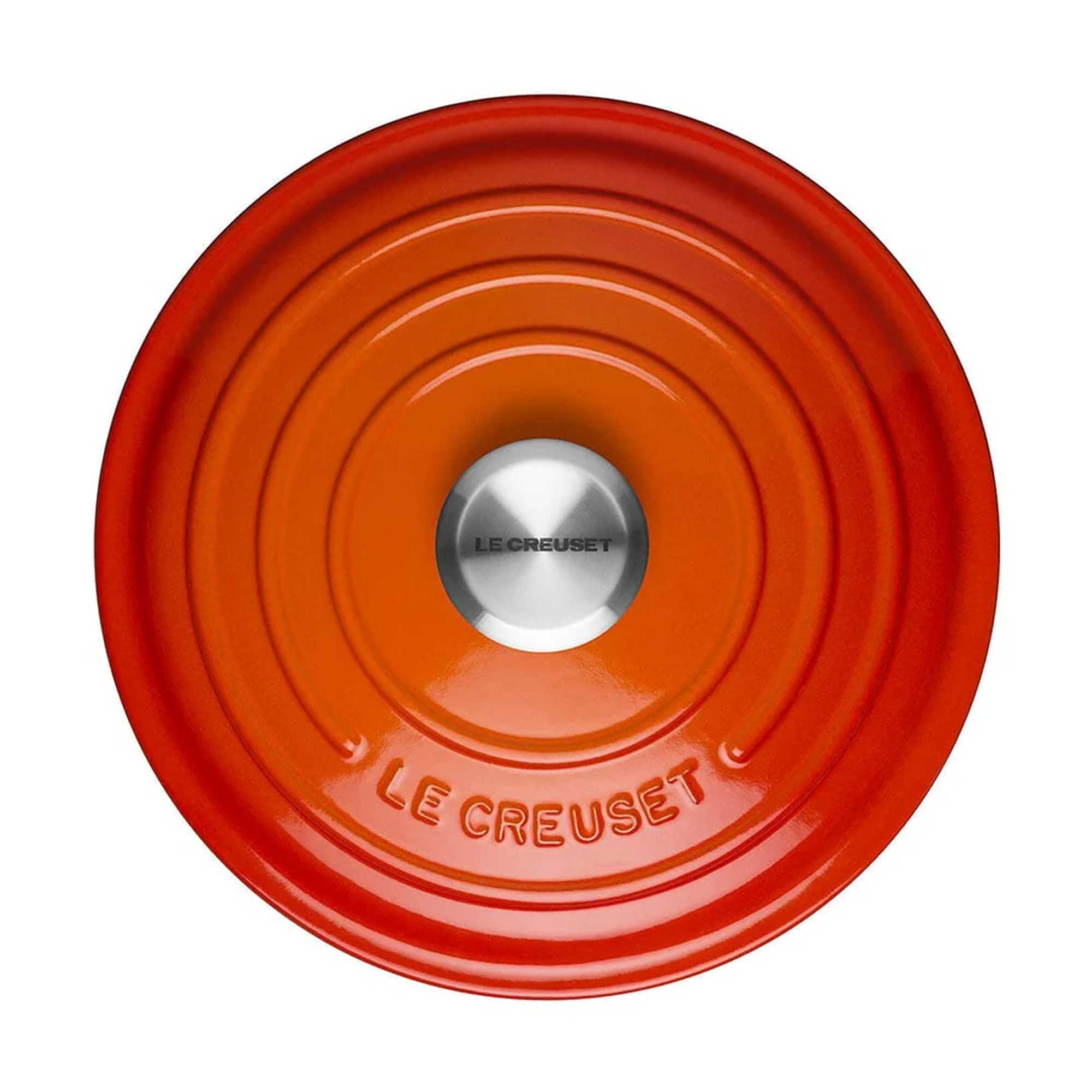 Orange round lid with Le Creuset logo on a white background