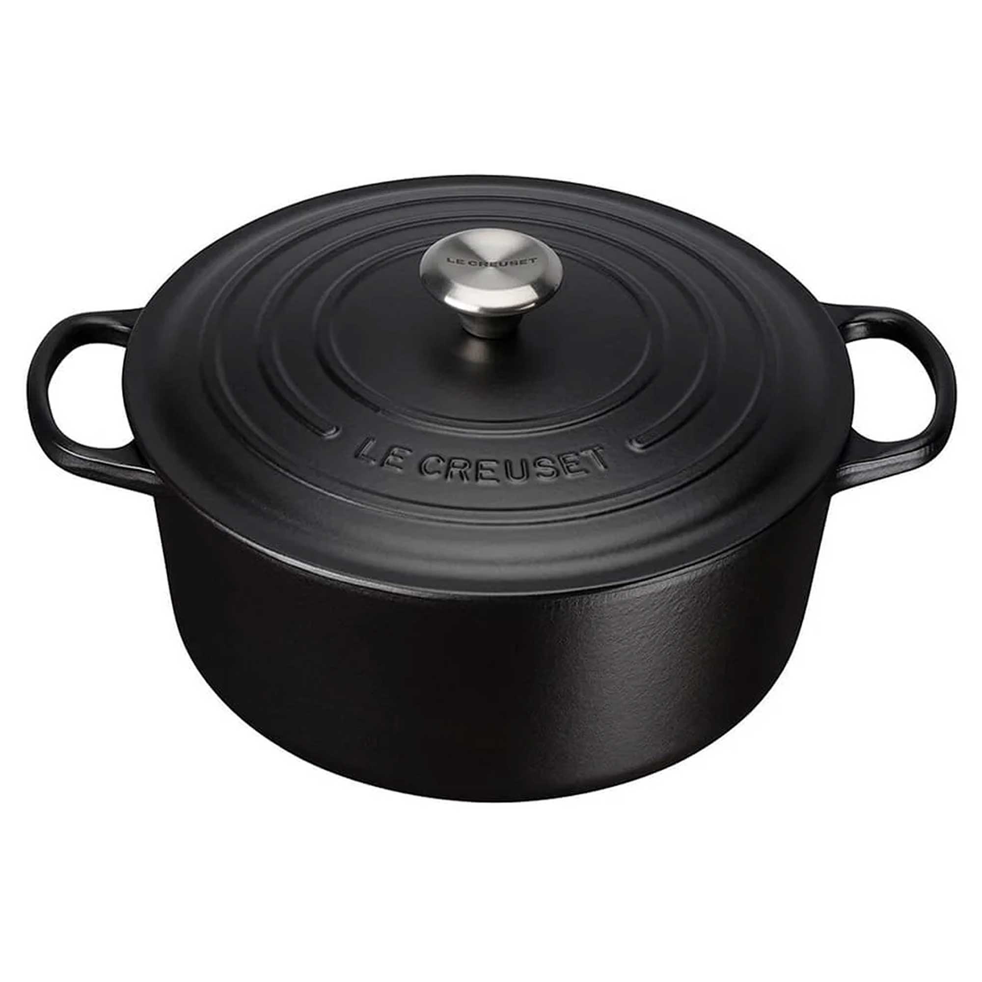 Black cassserole with Le Creuset logo on a white background