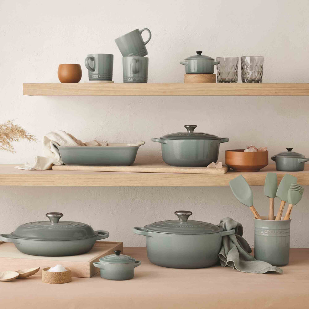 Le Creuset Sea Salt range including cast iron and stoneware ranges