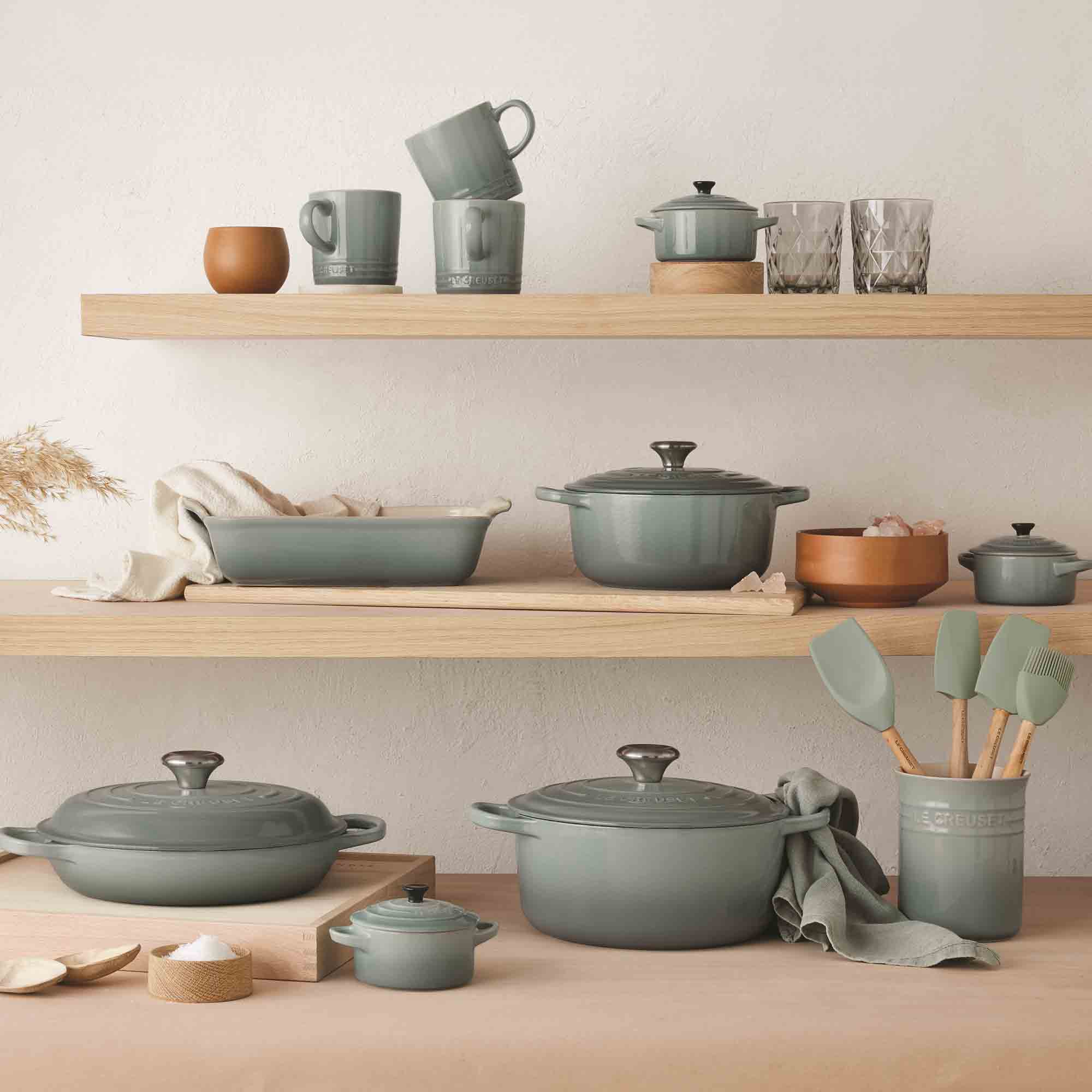 Le Creuset Sea Salt range including cast iron and stoneware ranges