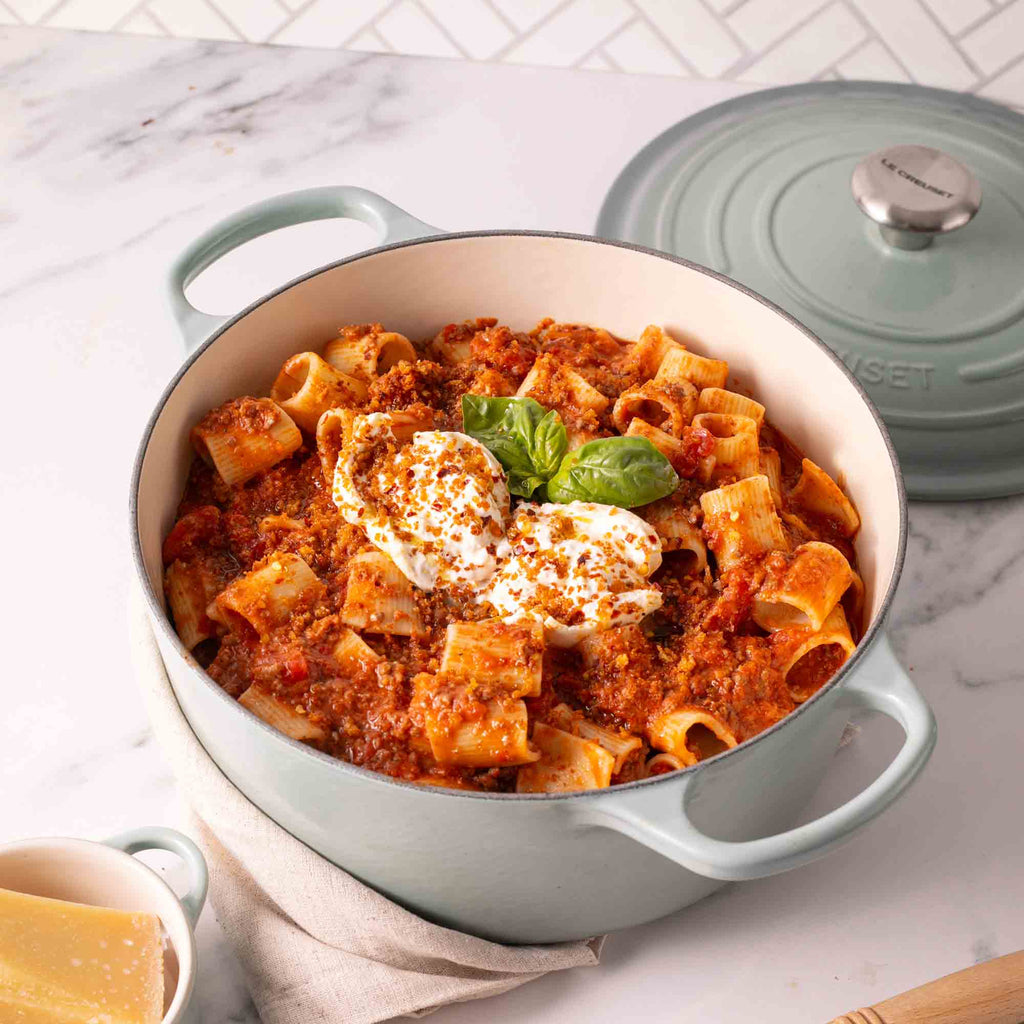Le Creuset Sea Salt casserole with pasta dish