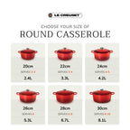 Le Creuset round casserole size guide including capacity and serve size