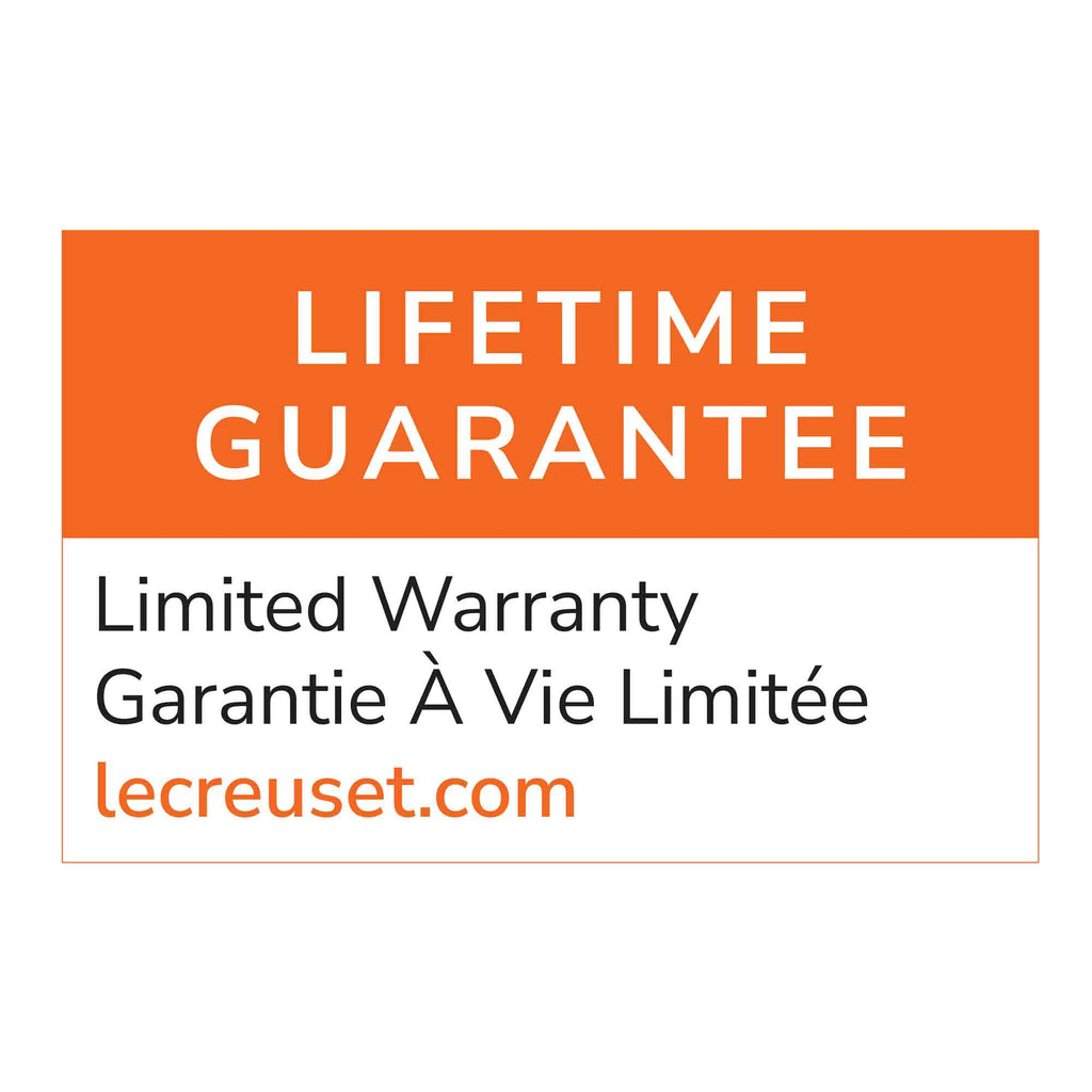 Le Creuset lifetime guarantee on white and orange background
