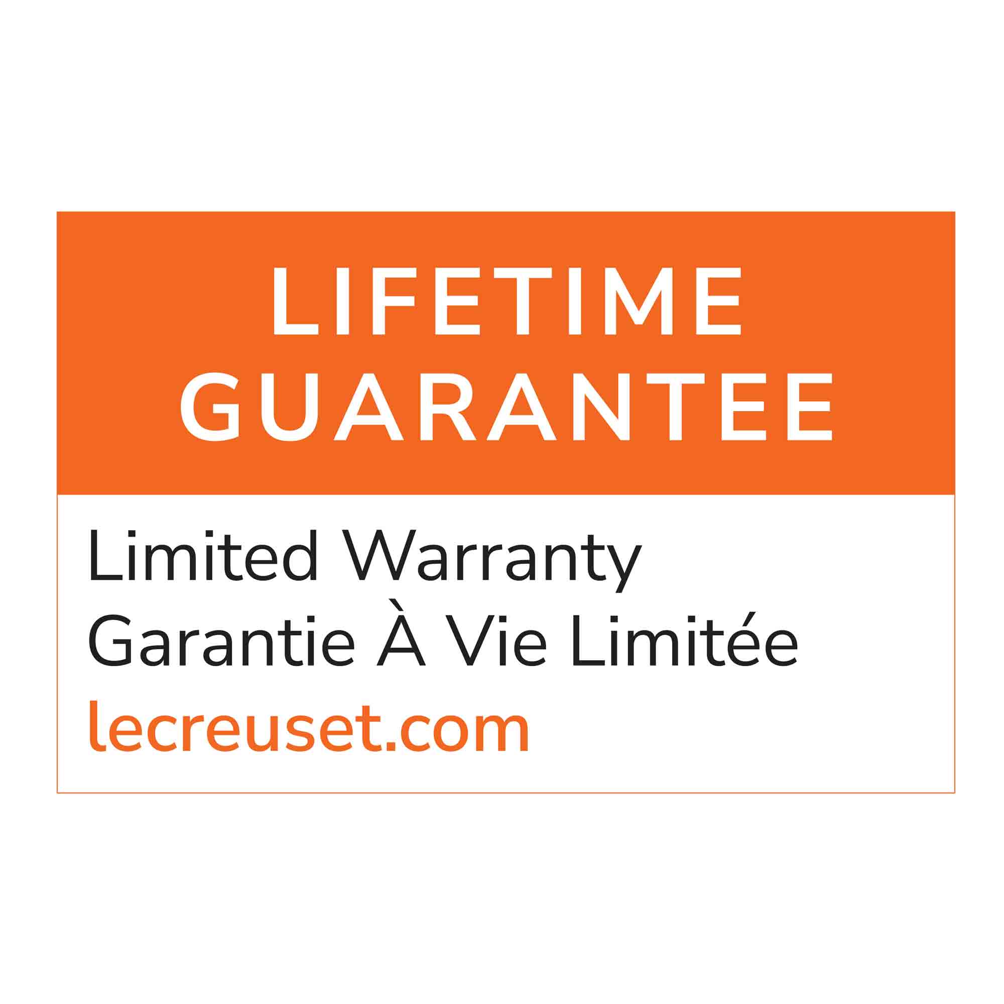 Le Creuset lifetime guarantee on white and orange background
