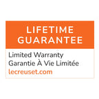 Le Creuset lifetime guarantee on an orange and white background