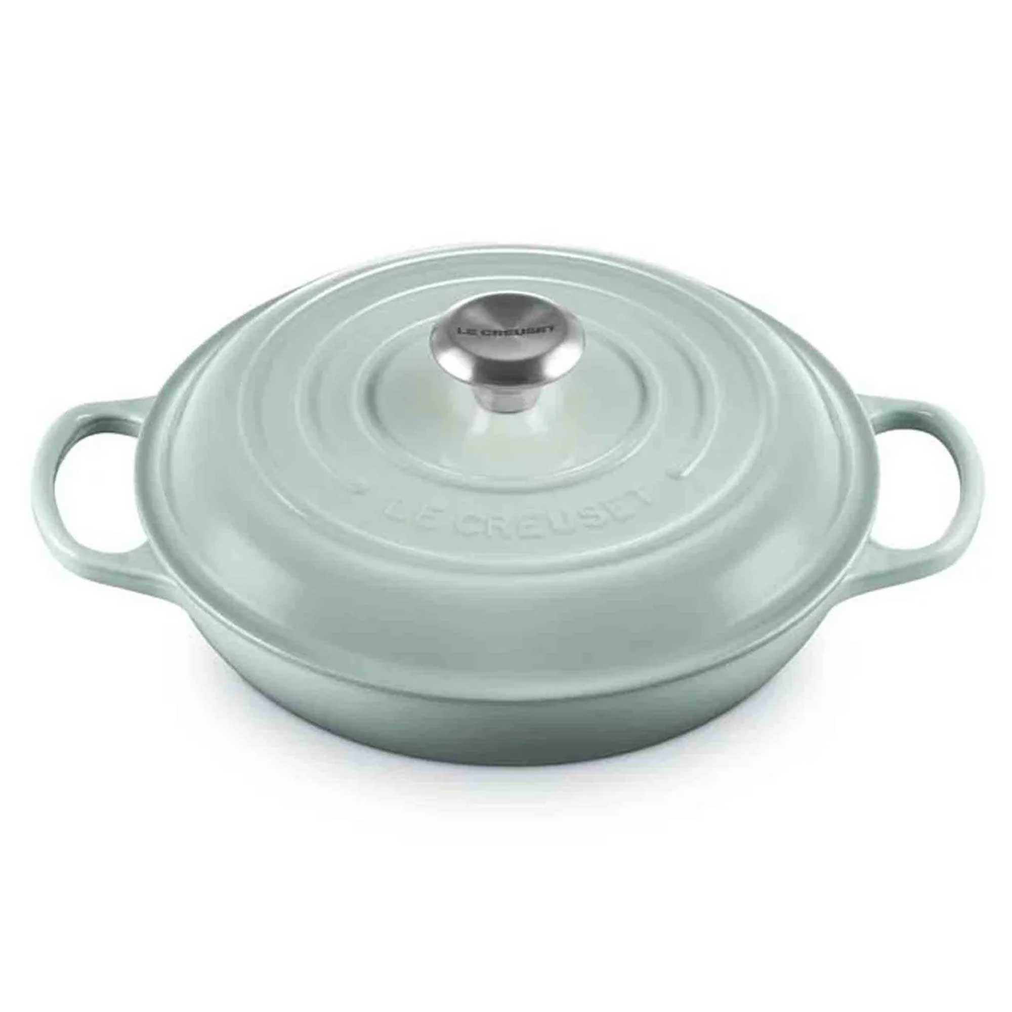 Sea Salt cast iron cookware with lid on a white background