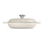 Meringue enameled cast iron casserole dish with lid on a white background