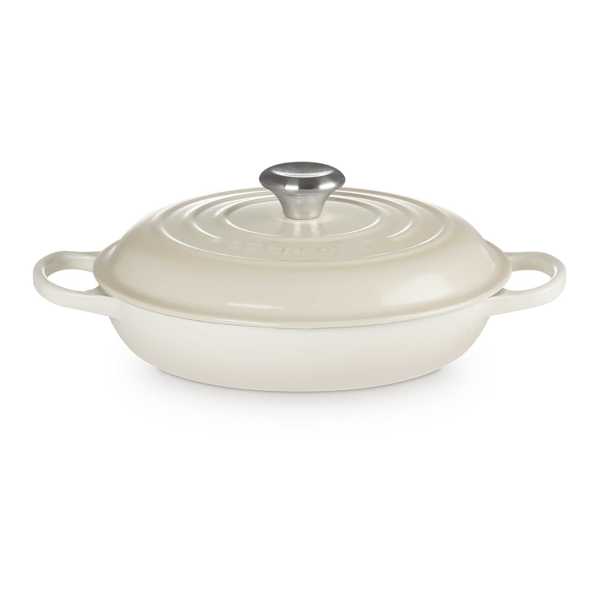 Meringue cookware with silver lid knob on a white background