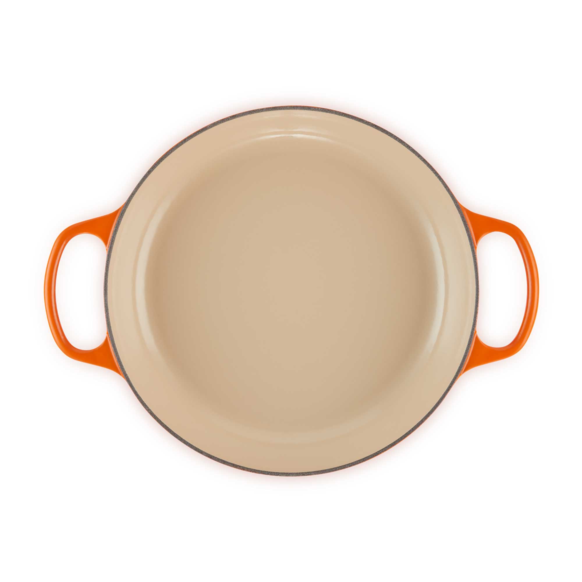 Volcanic enameled cast iron casserole with orange handles on a white background
