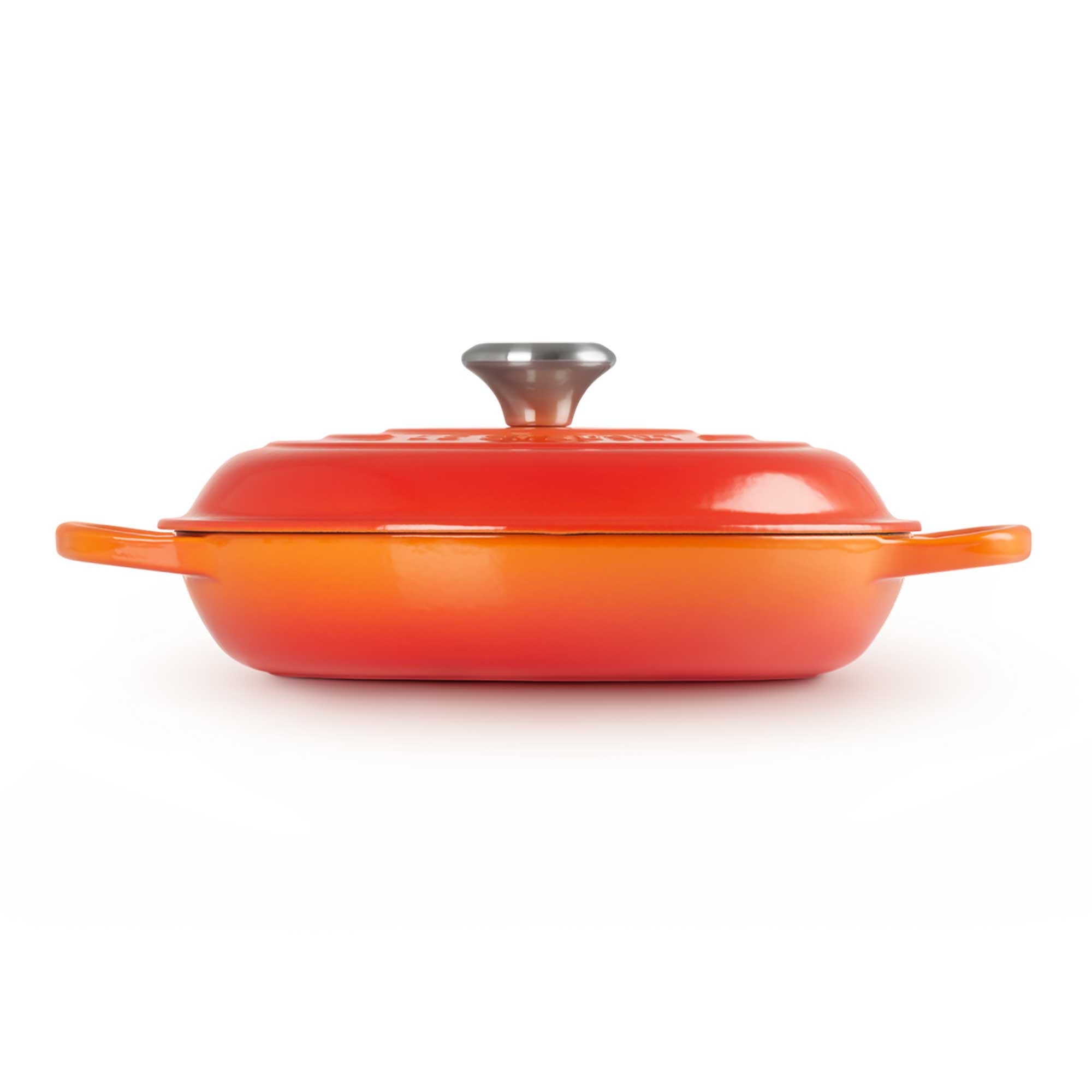Volcanic enameled cast iron cookware with lid on a white background