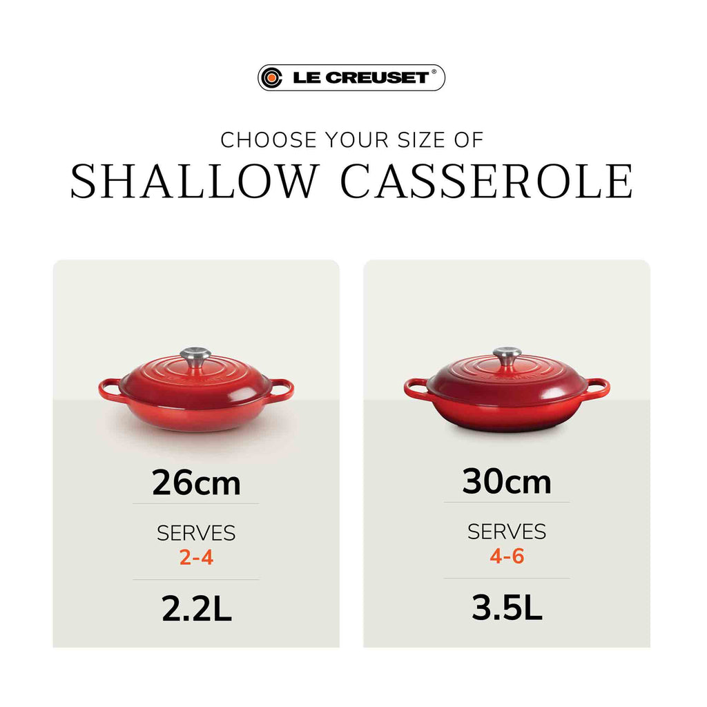Le Creuset shallow casserole size guide including serving size and capacity