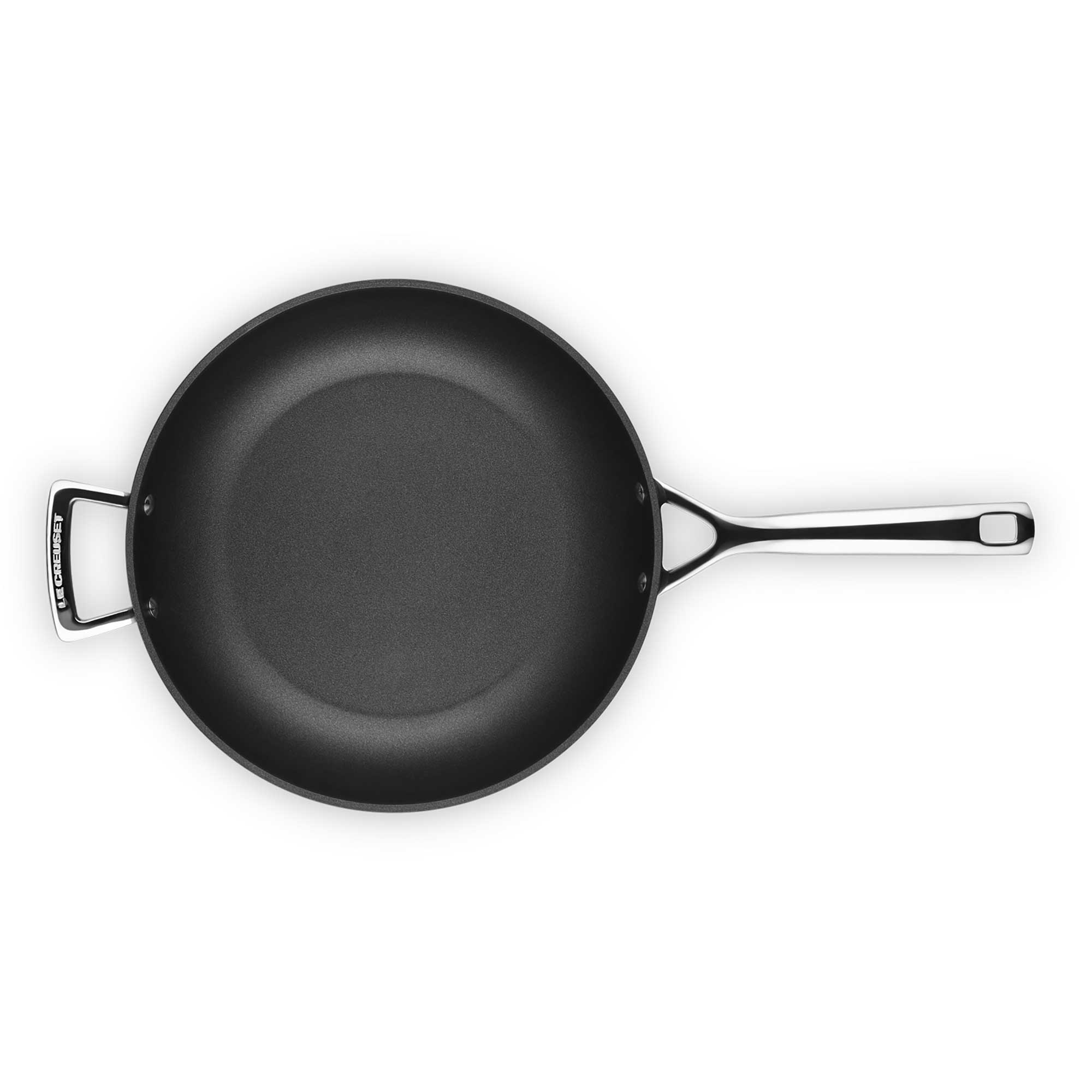 Black deep frying pan on a white background