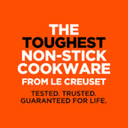 Promotional text for Le Creuset non-stick cookware on an orange background
