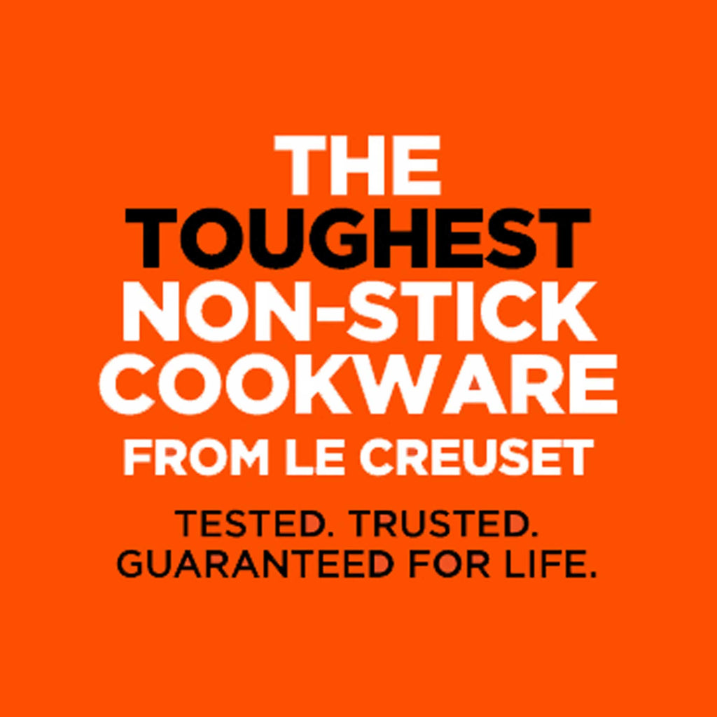 Promotional text for Le Creuset non-stick cookware on an orange background