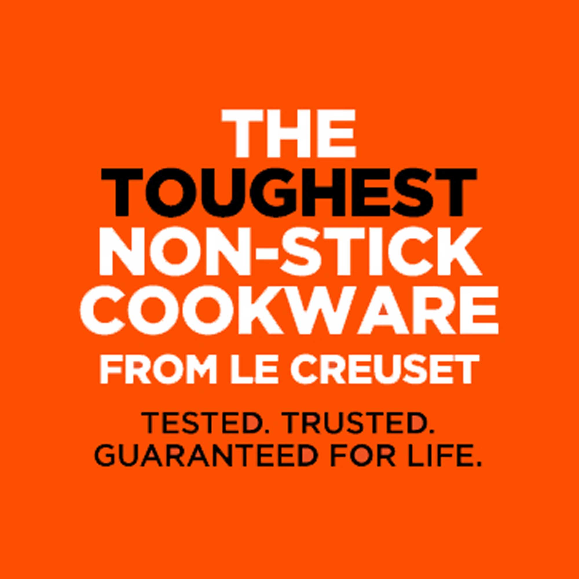 Promotional text for Le Creuset non-stick cookware on an orange background