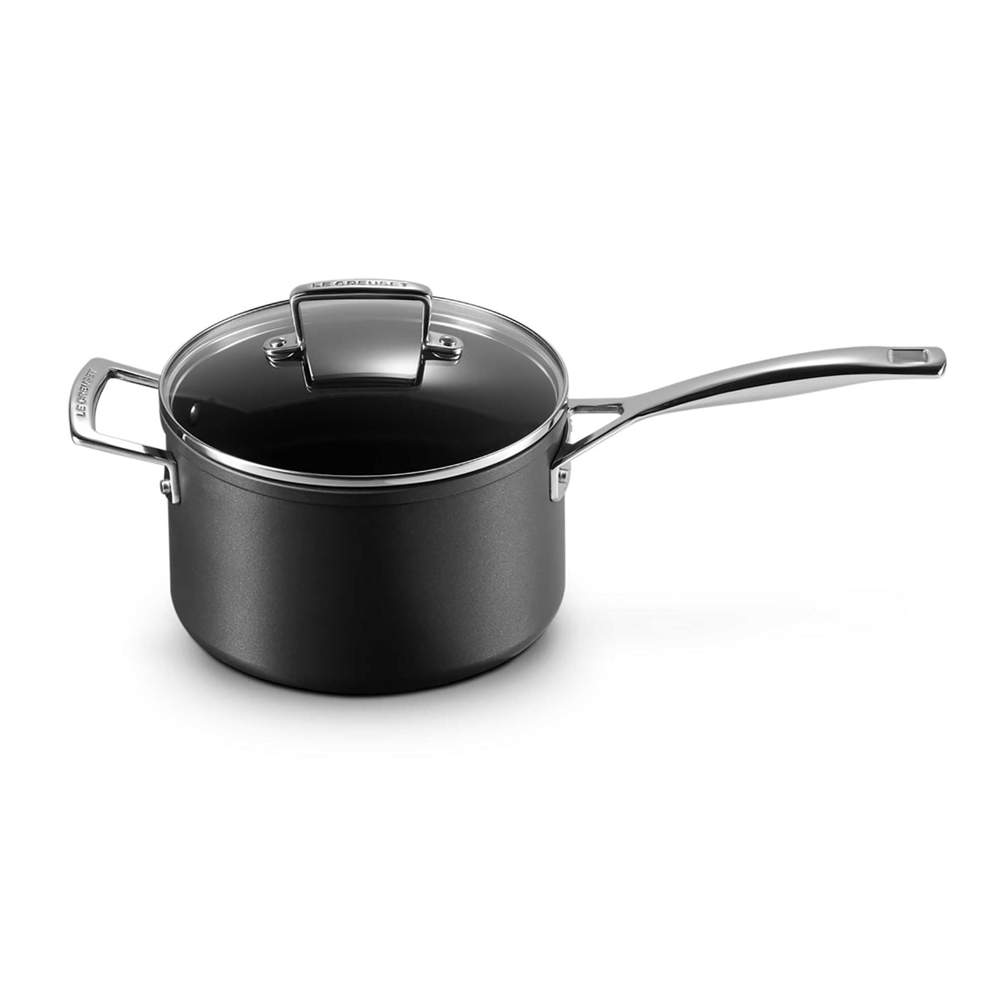 Black saucepan on a white background