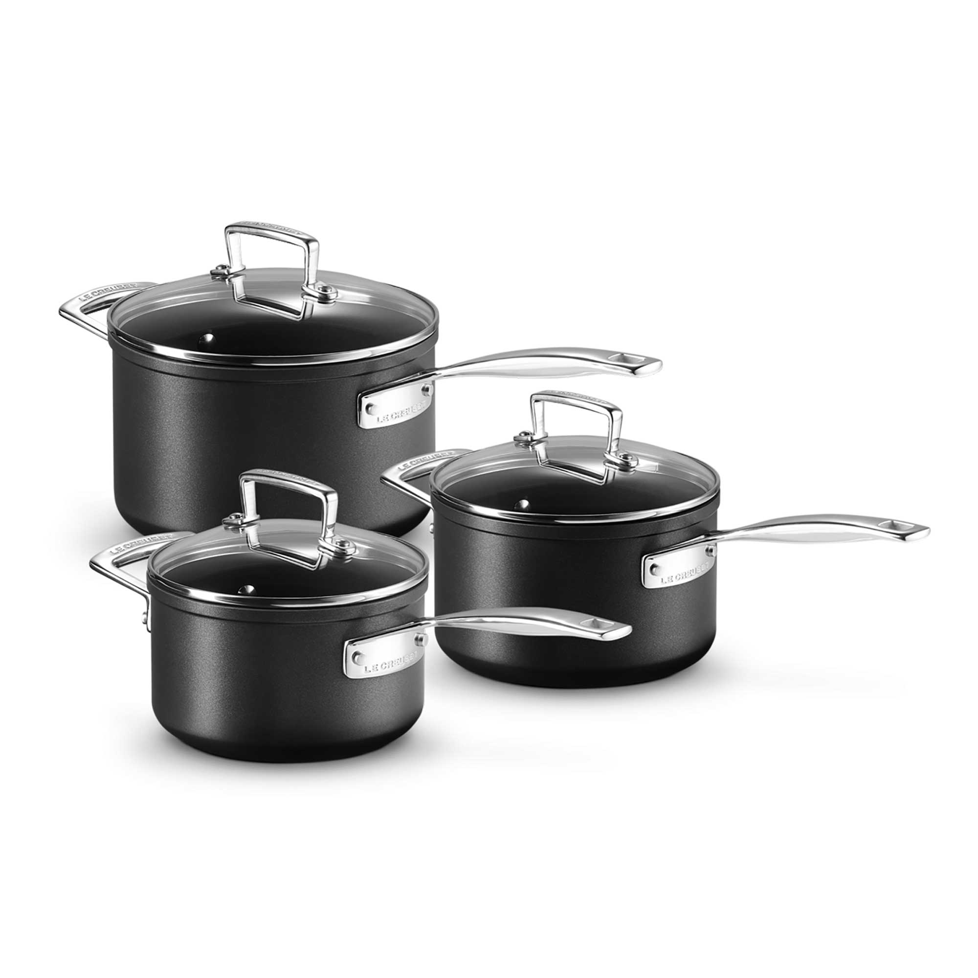 Black saucepan set on a white background