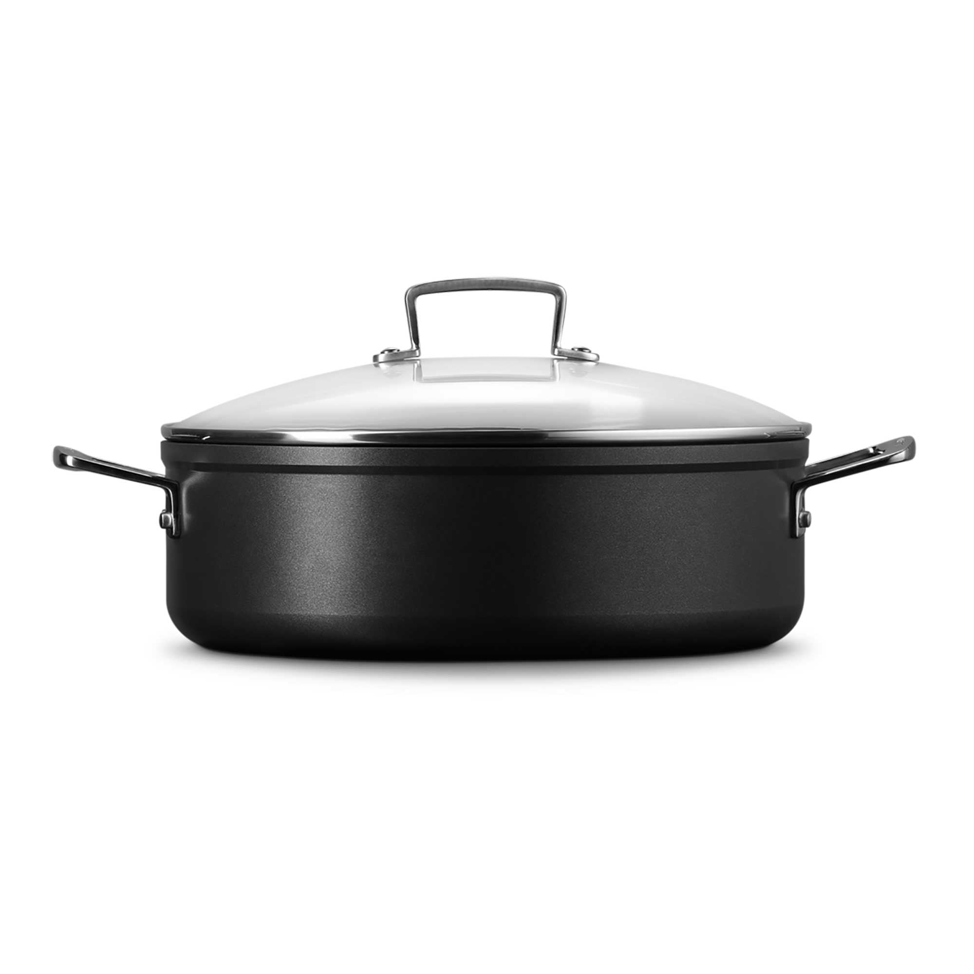 Black cooking pot with a lid on a white background