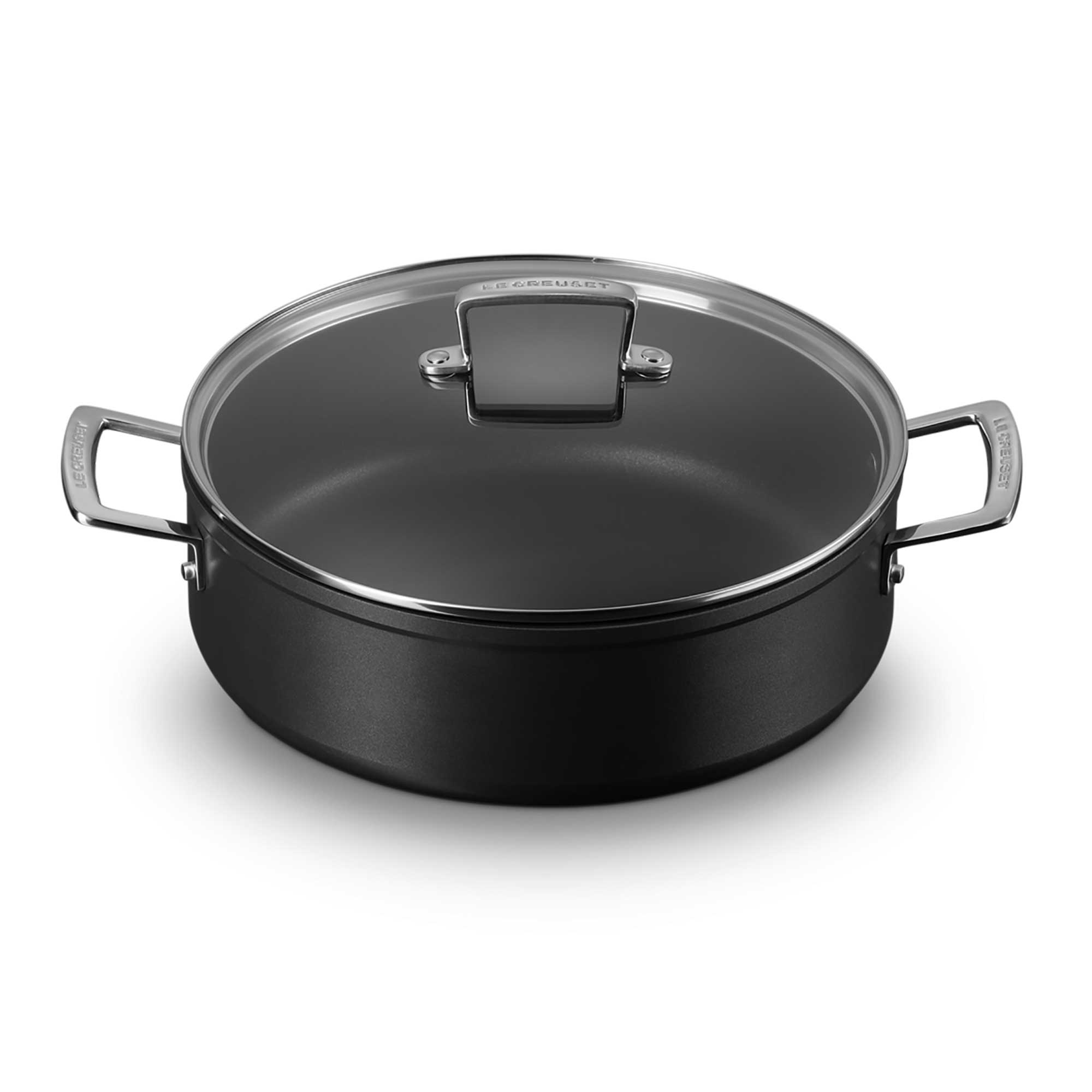 Black cookware pot with lid on a white background