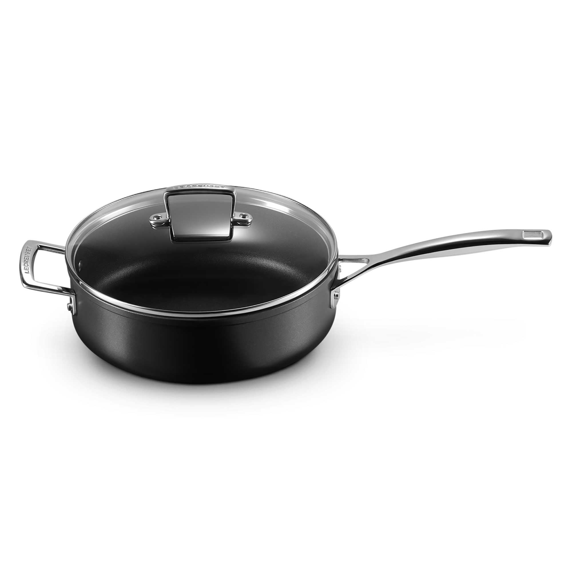 Black cookware set with lid on a white background