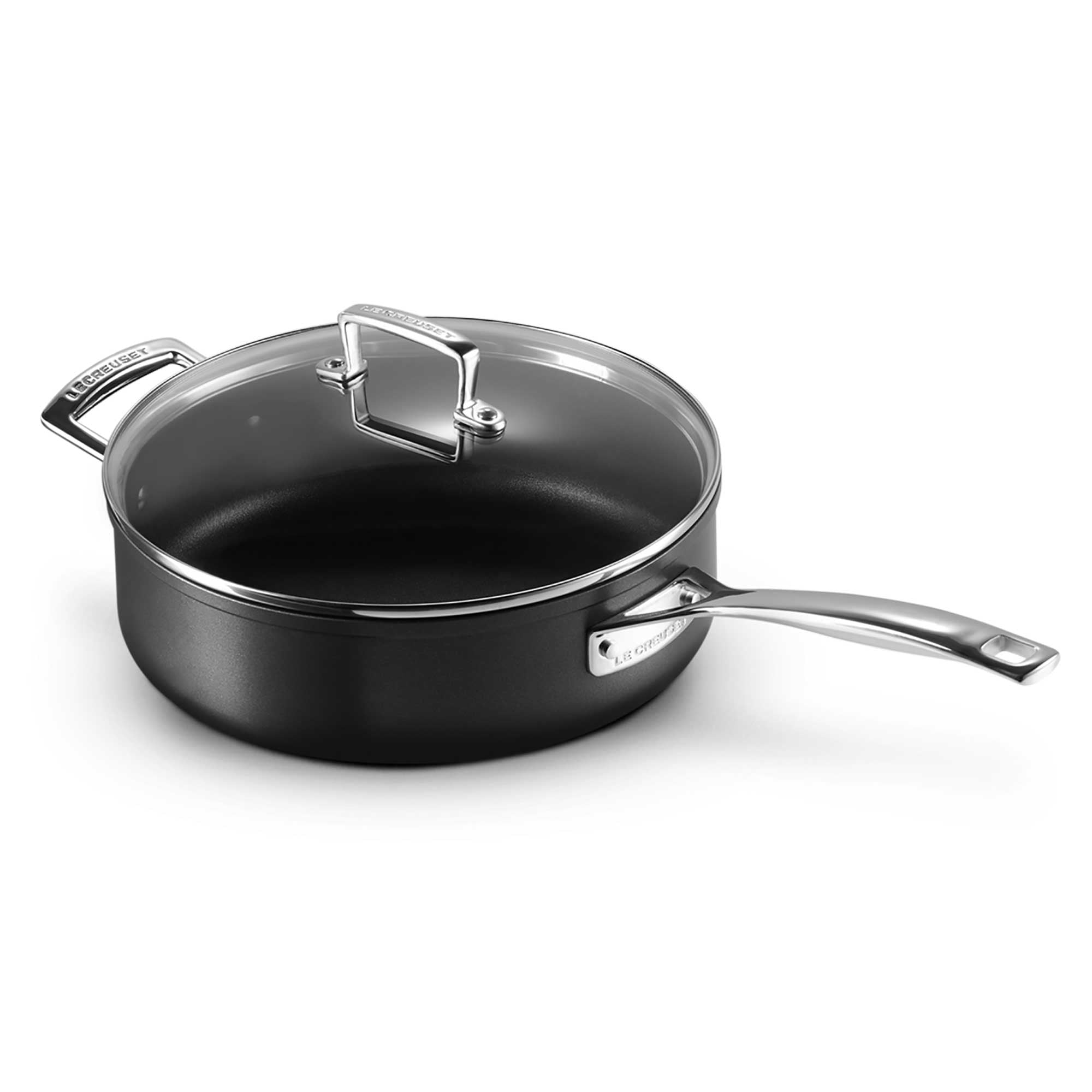 Black cookware set with silver handle and lid on a white background