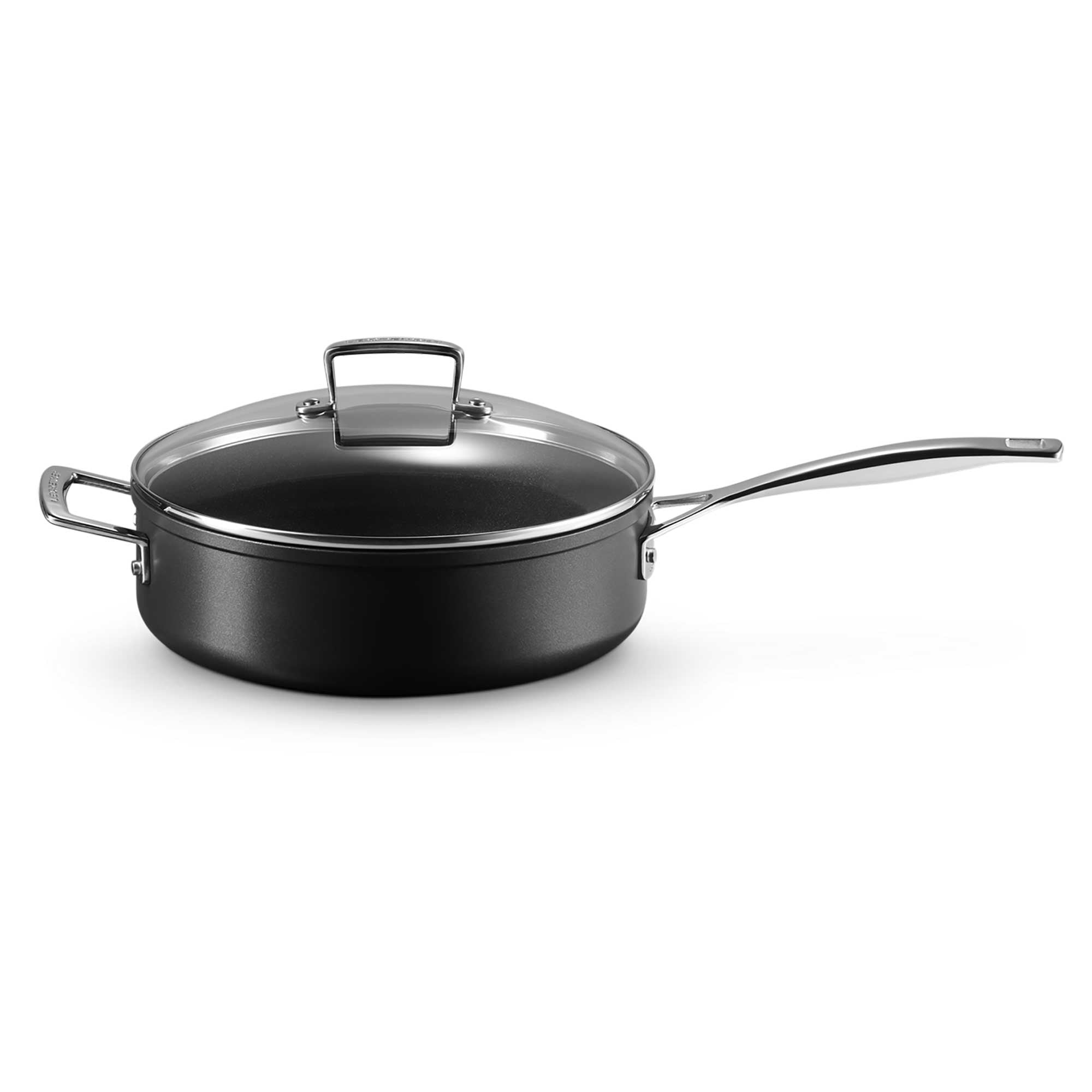 Black cookware with lid on a white background