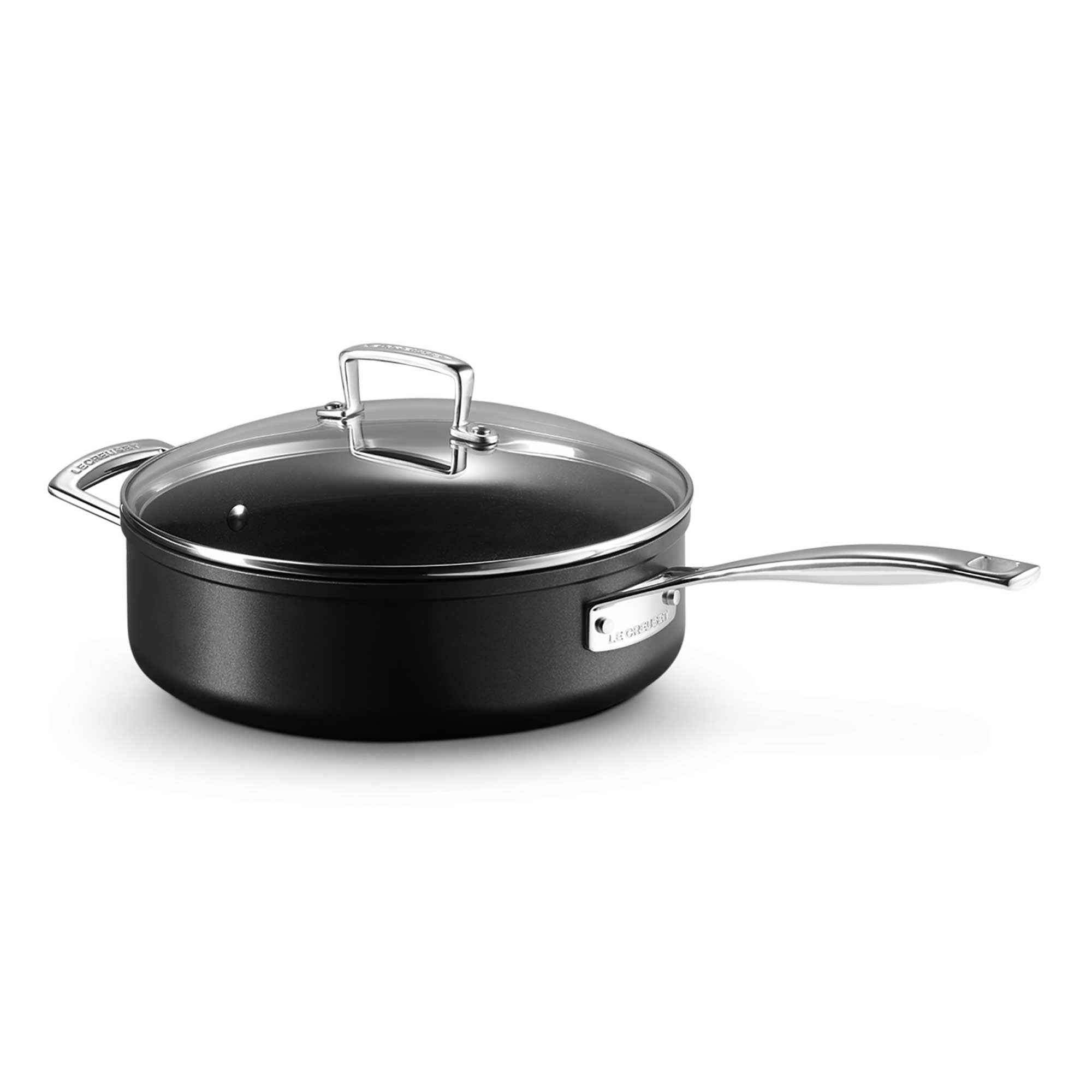 Black cookware with a lid on a white background