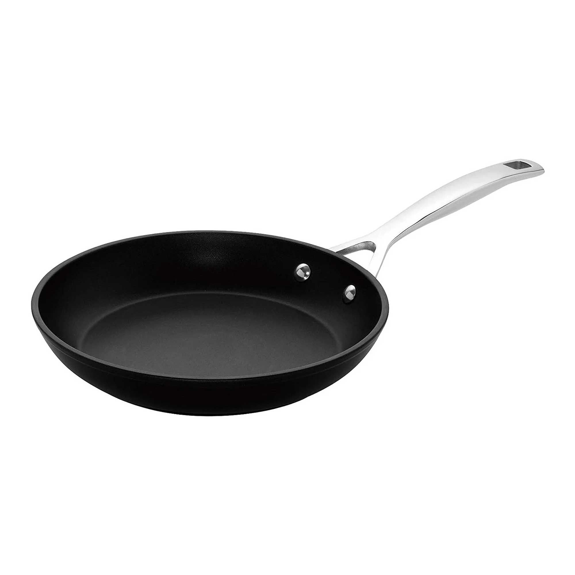 Black frying pan with a silver handle on a white background