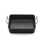 Black square roasting pan with silver handles on a white background