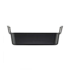 Black square roasting pan with silver handles on a white background