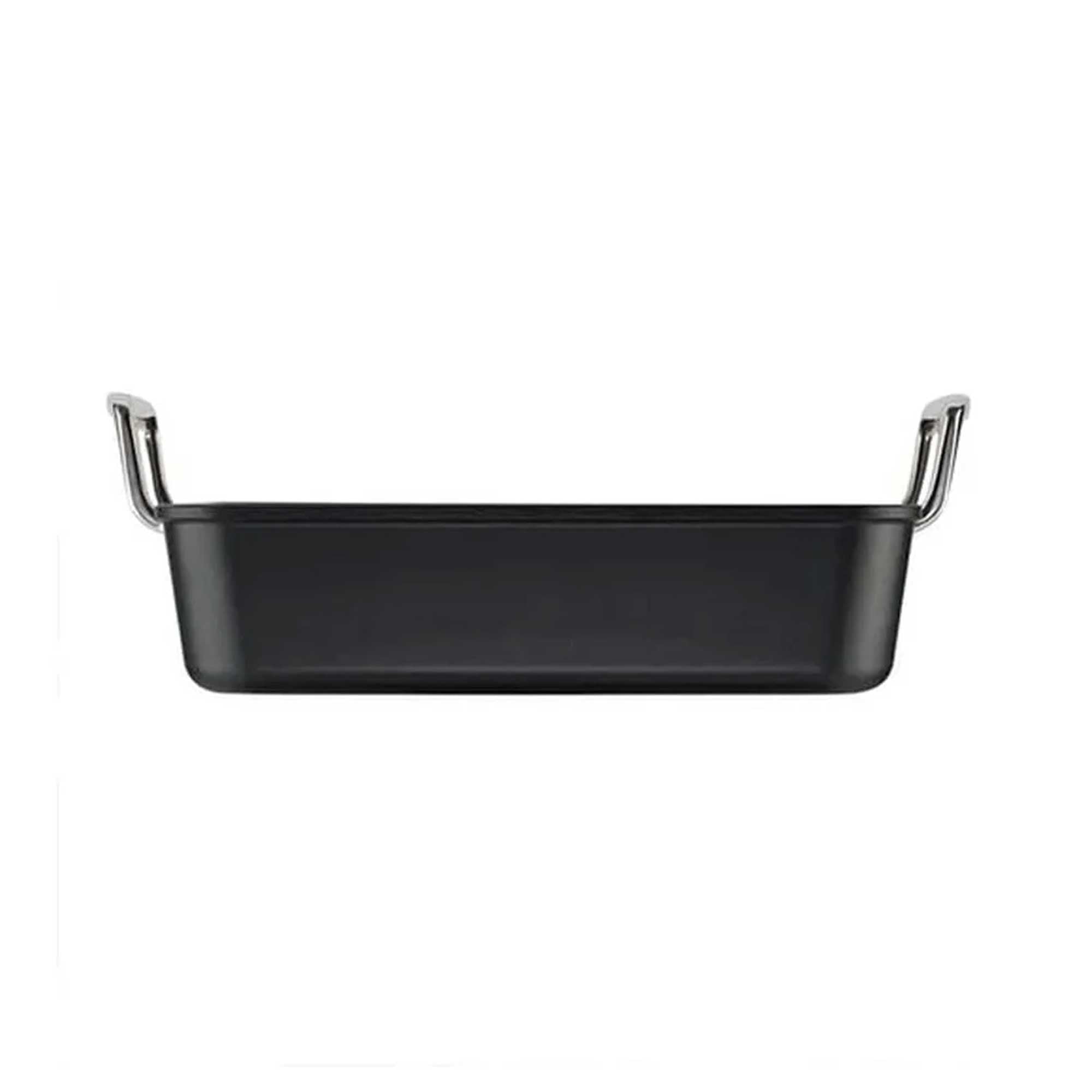 Black square roasting pan with silver handles on a white background