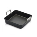 Black square roasting pan with silver handles on a white background