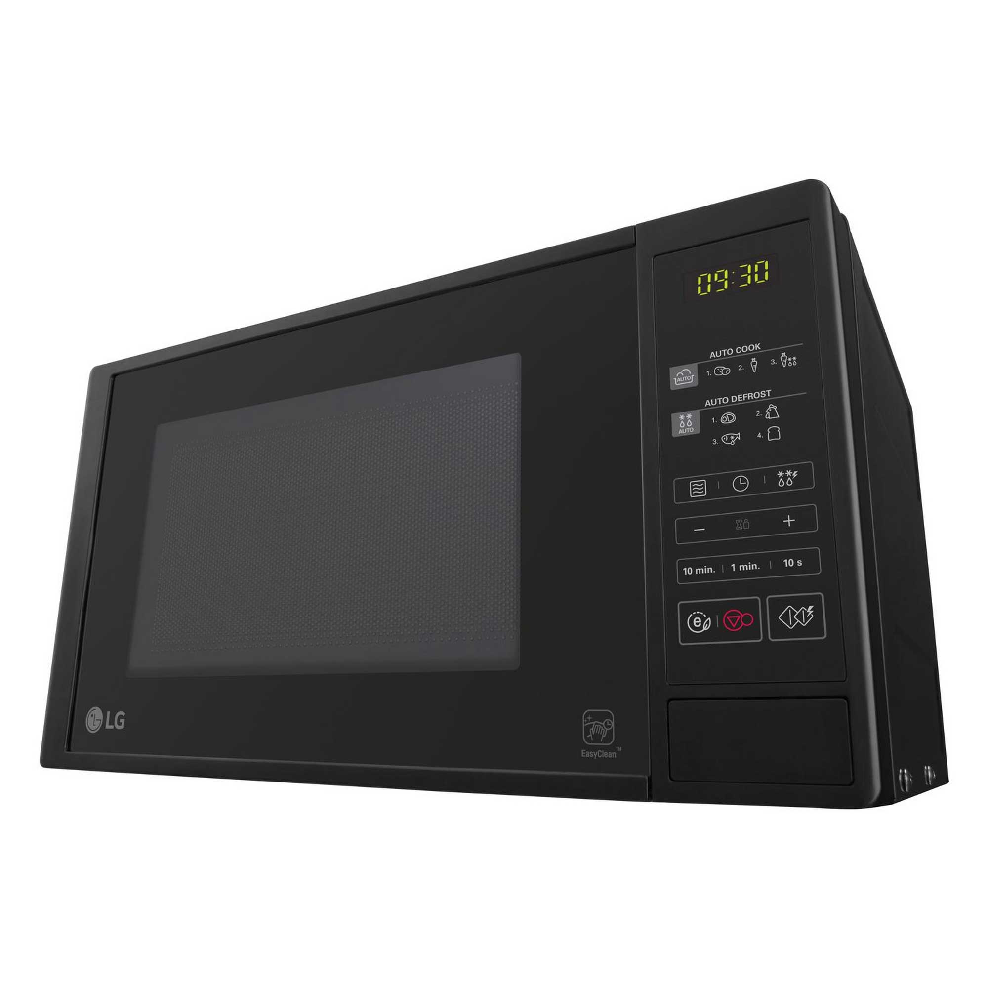 Black microwave oven from LG with digital display. Model number MS2042D