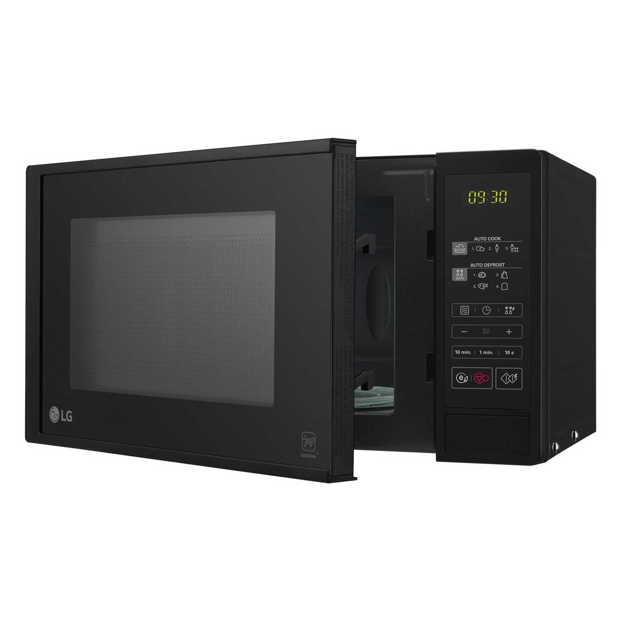 Black microwave oven with open door on a white background