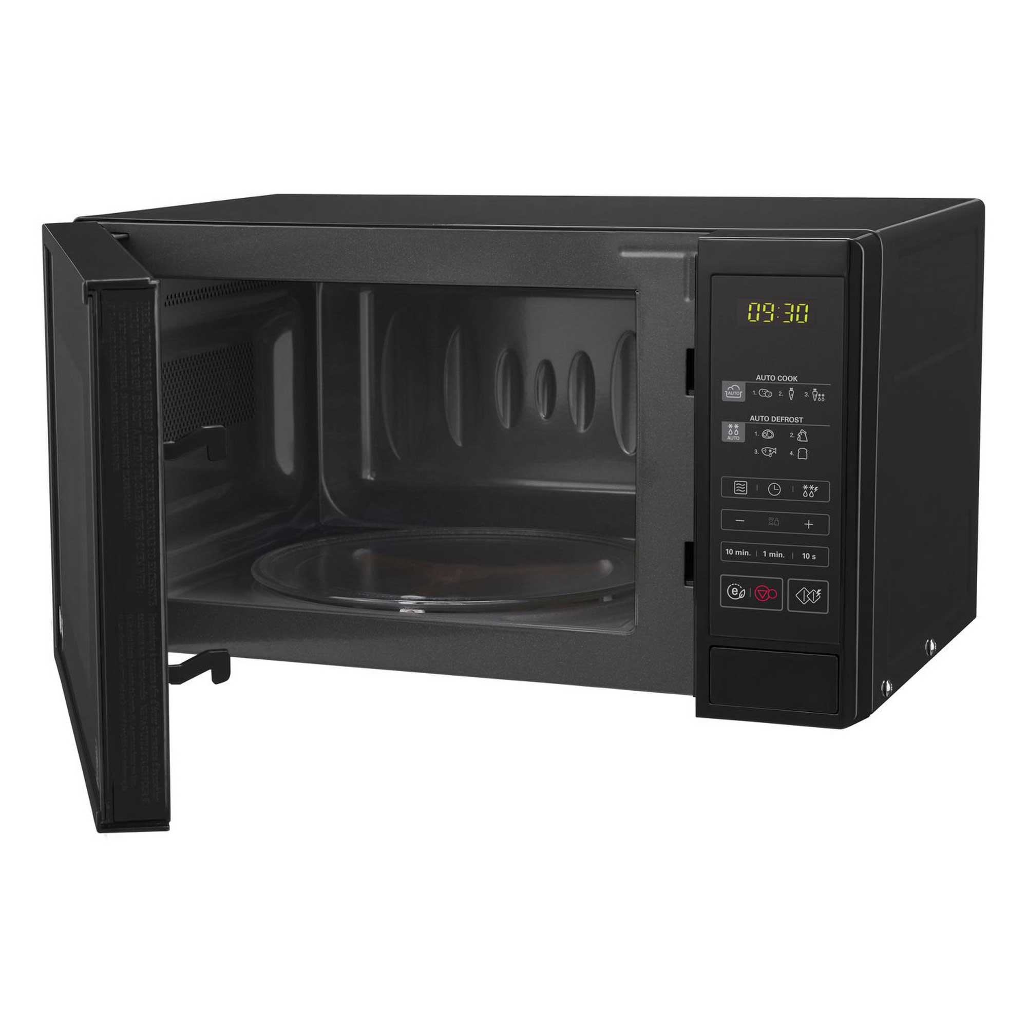LG Black microwave oven on a white background with door open to show the interior.
