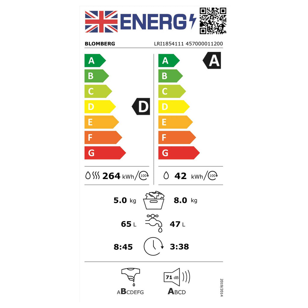 Blomberg LRI1854111 8kg wash, 5kg dry, 1400 spin, Integrated Washer Dryer, White