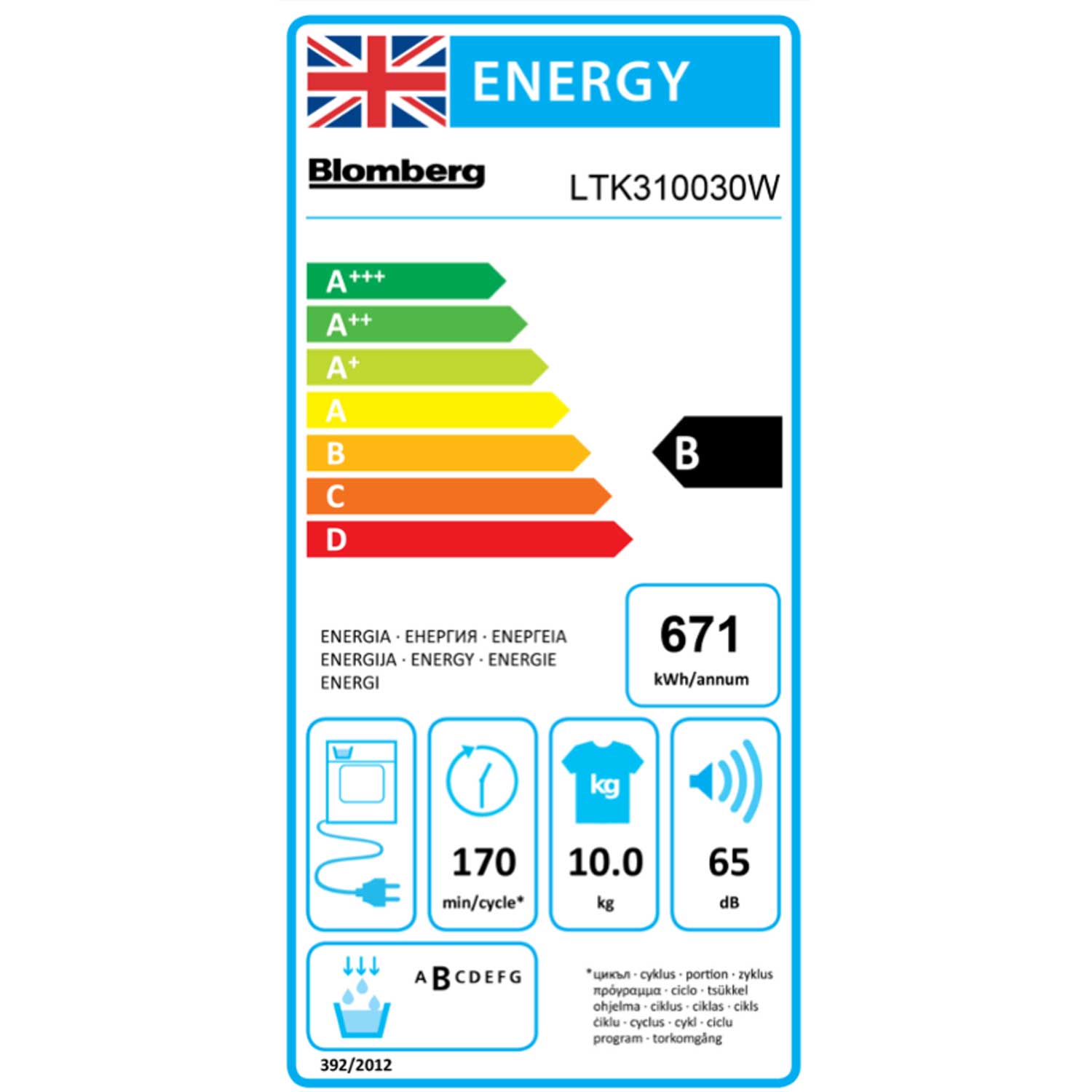 Blomberg LTK310030W 10kg, Sensor dry, Freestanding Condensor Tumble Dryer, White