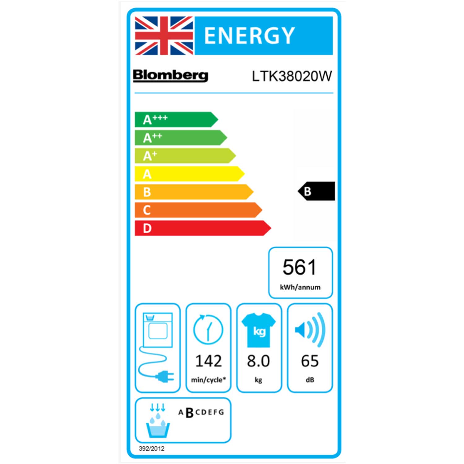 Blomberg LTK38020W 8kg, Sensor dry, Freestanding Condensor Tumble Dryer, White