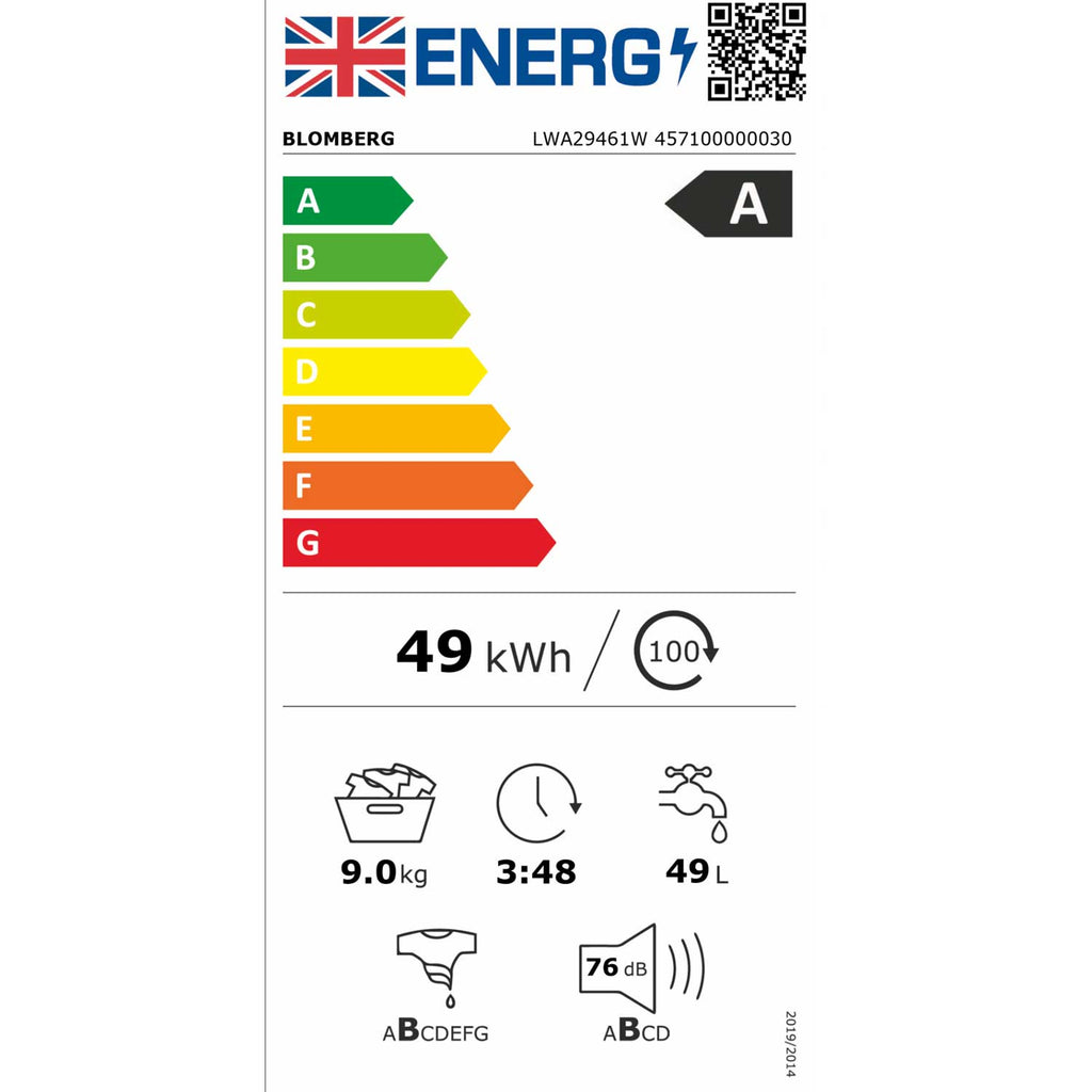 Blomberg LWA29461W 9kg, 1400 Spin, Freestanding Washing Machine with Quick Wash, White