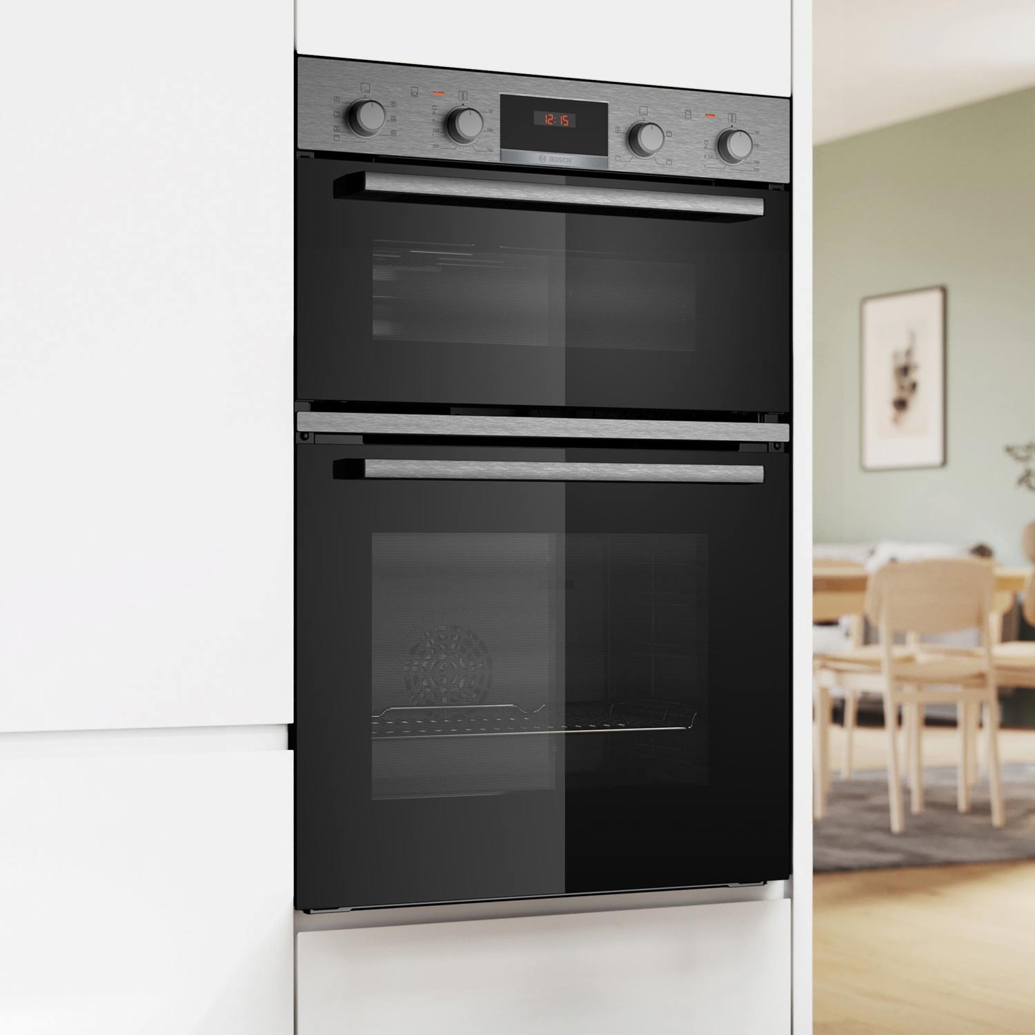 Bosch MBA533BS3B Built in Electric Double Oven, 89cm High, Main Oven Multifunction, Top Oven Grill & Convention, EasyClean, Sianless Steel