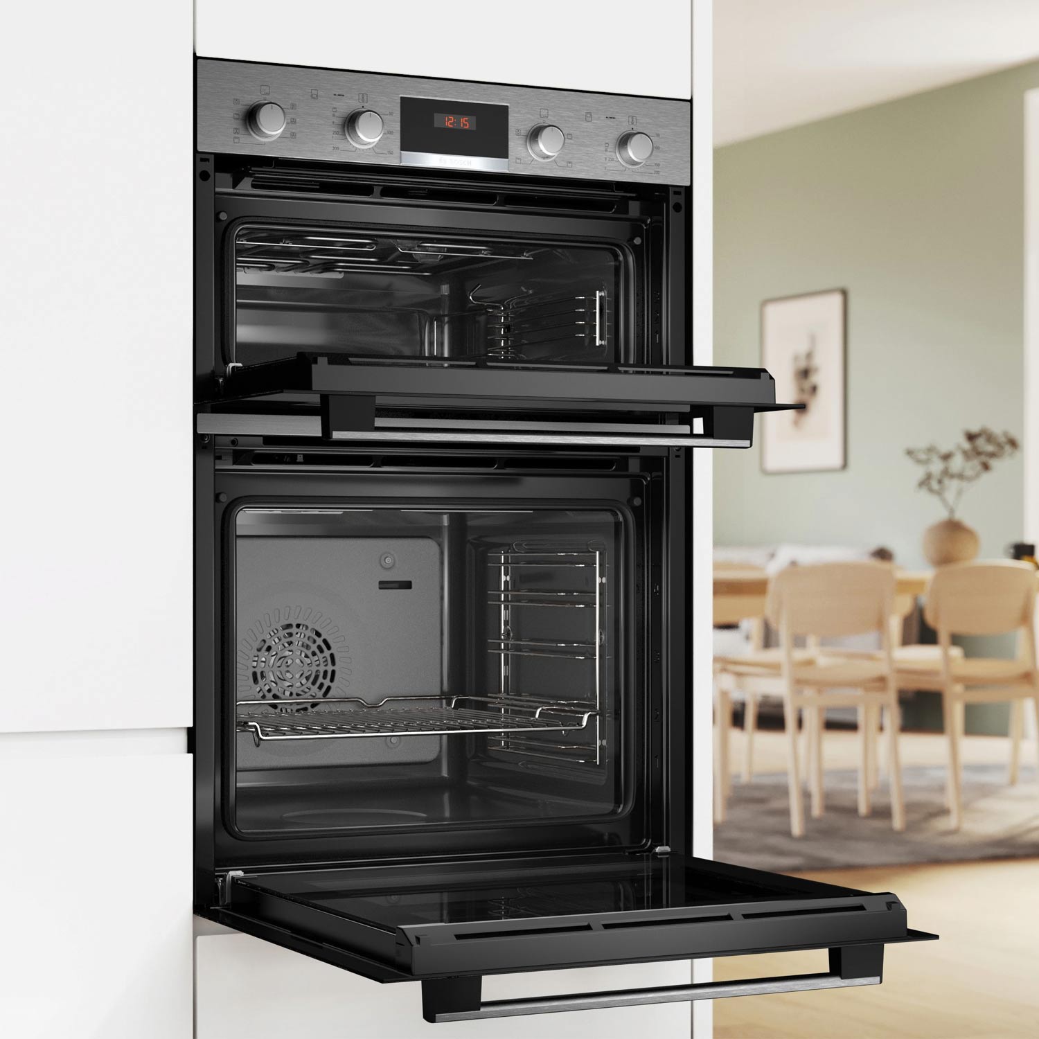 Bosch MBA533BS3B Built in Electric Double Oven, 89cm High, Main Oven Multifunction, Top Oven Grill & Convention, EasyClean, Sianless Steel