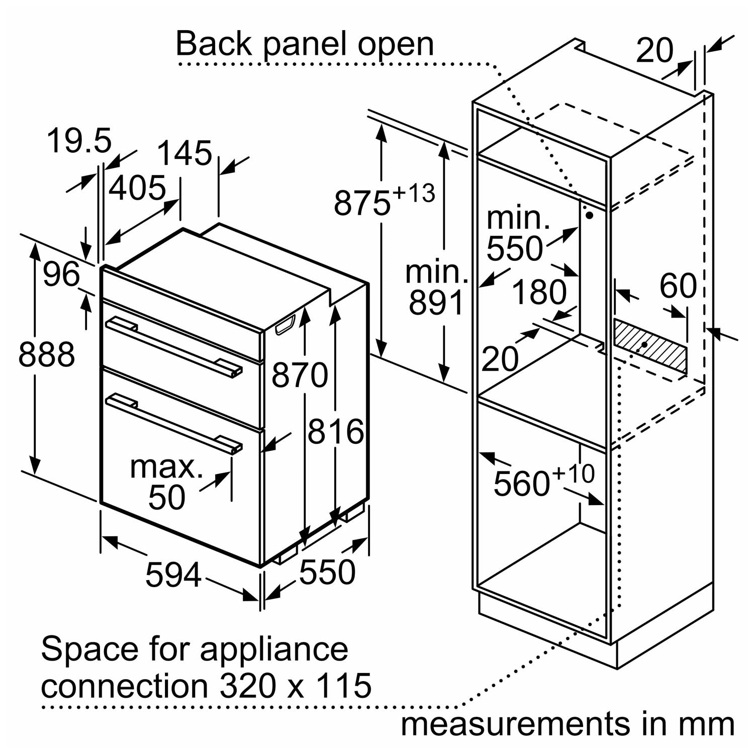 Bosch MBA533BS3B Built in Electric Double Oven, 89cm High, Main Oven Multifunction, Top Oven Grill & Convention, EasyClean, Sianless Steel