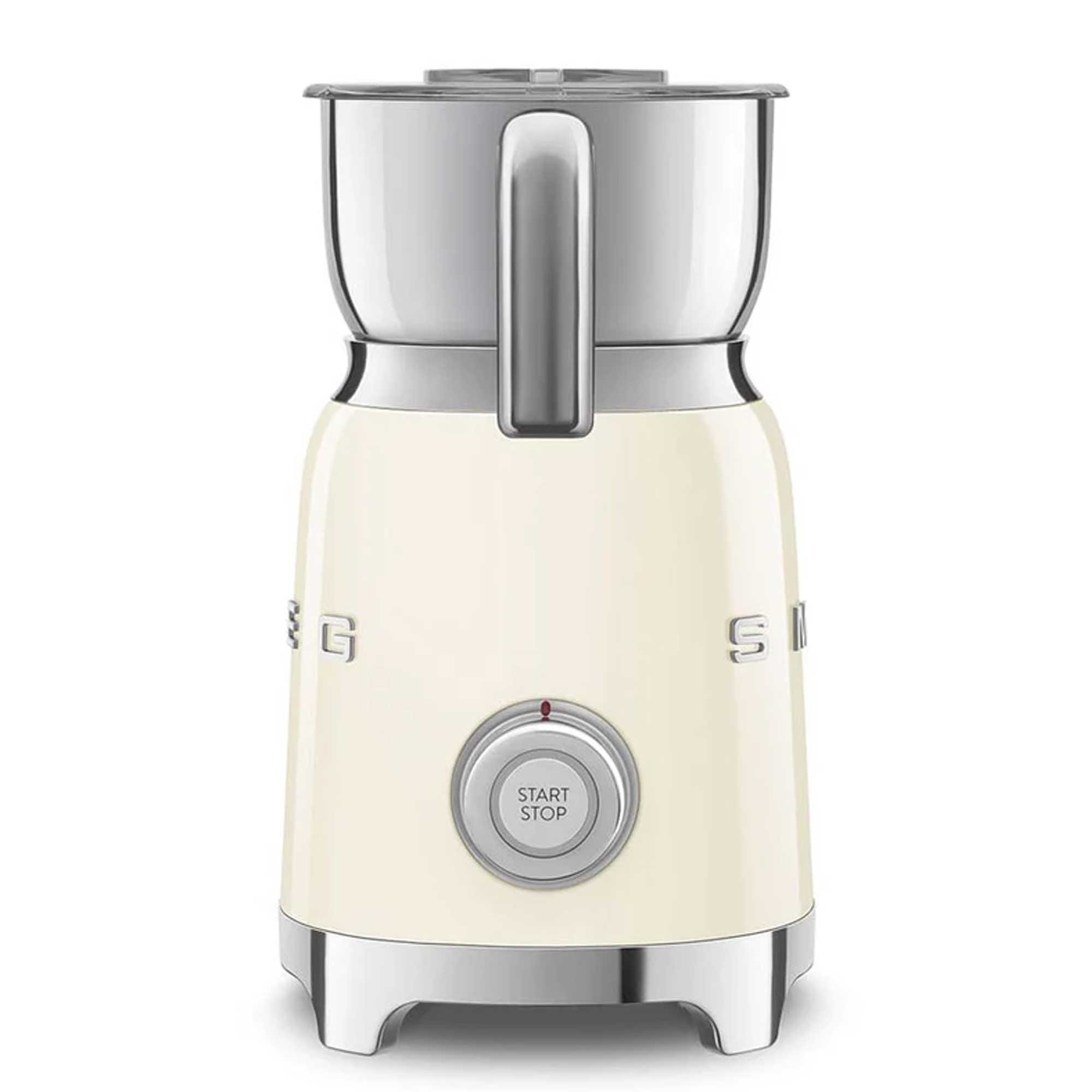 Cream-colored milk frother with metallic top on a white background