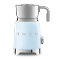 Light blue milk frother with metallic accents on a white background