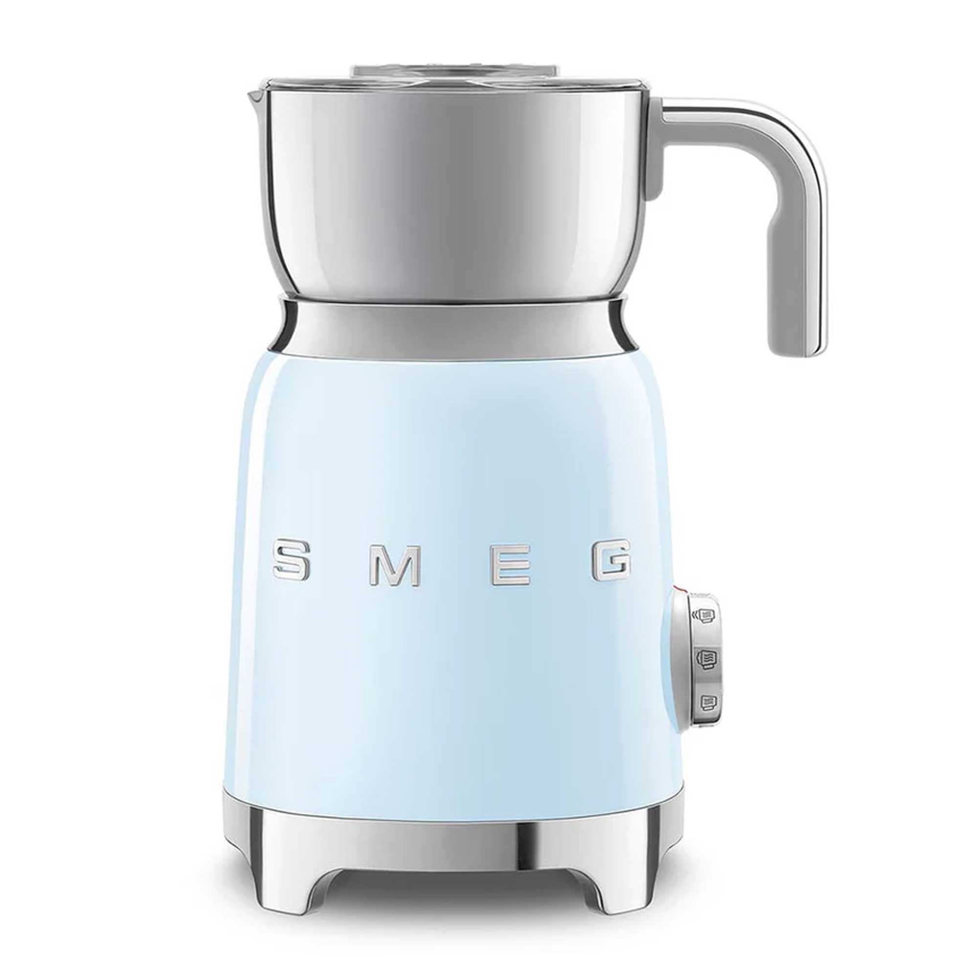 Light blue milk frother with metallic accents on a white background
