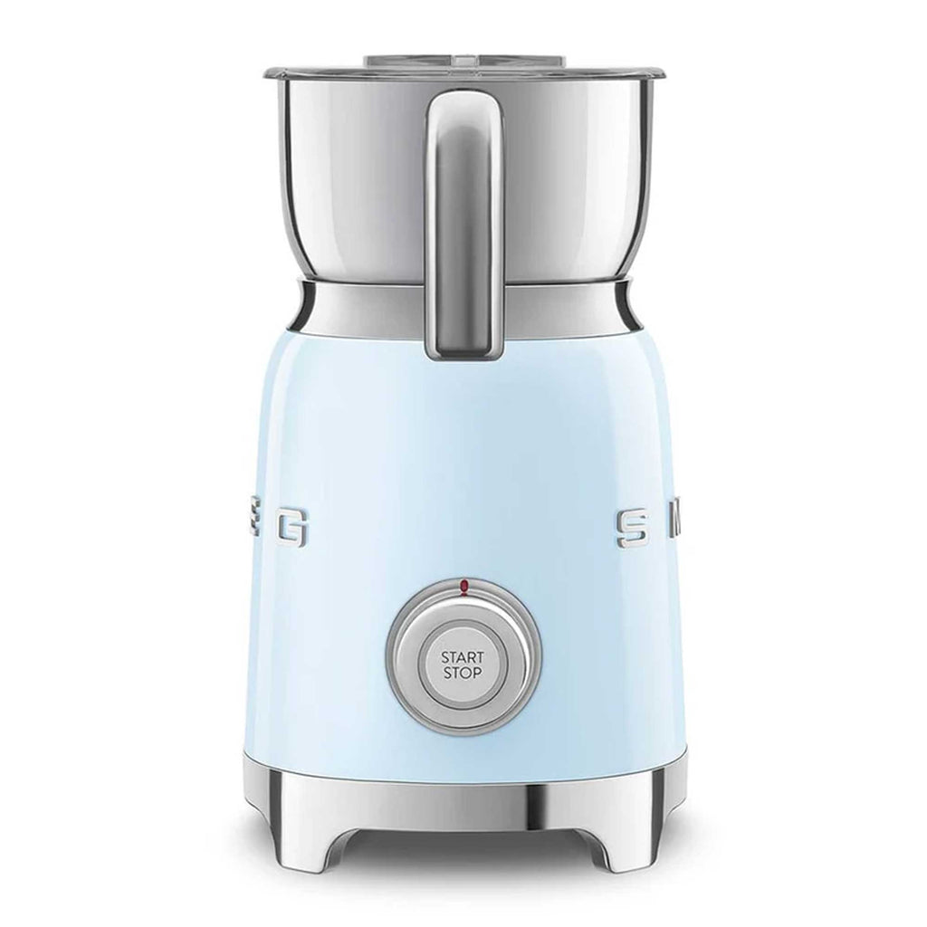 Light blue milk frother with silver accents on a white background
