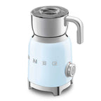 Light blue milk frother with chrome accents on a white background